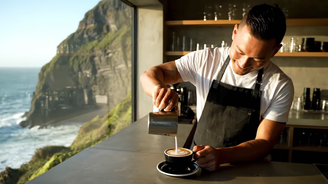 Barista che prepara il caffè con vista panoramica sull'oceano