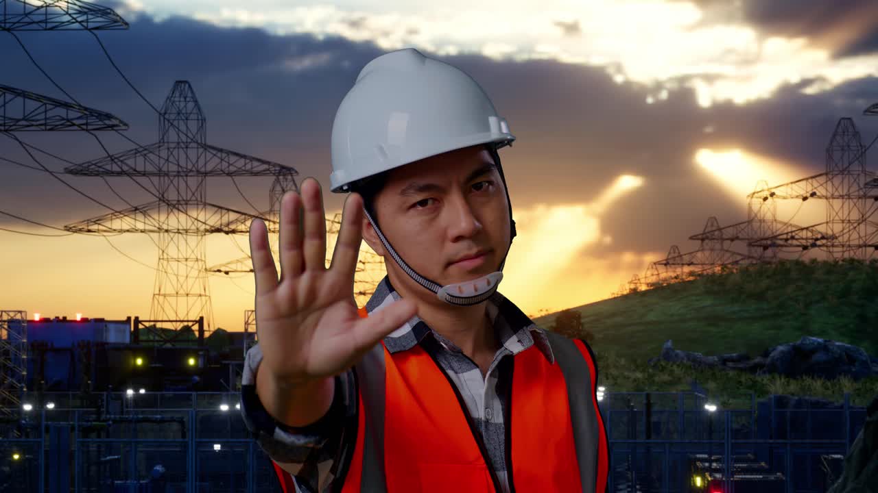 안전 헬을 입은 아시아 남성 엔지니어가 고전압 타워 근처에 서 있는 동안 손 표시 없이 불쾌감을 표합니다.