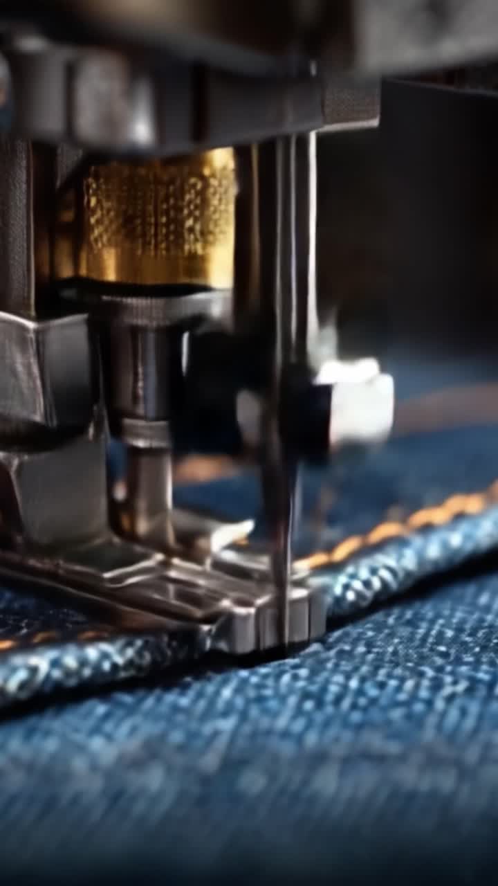 Detailed Close-up of a Sewing Machine's Needle and Foot as it Stitches Denim Fabric, Showcasing Precision and Craftsmanship in Textile Arts