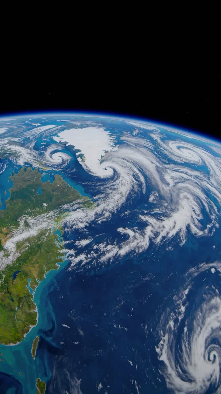 Aerial video concept of Earth from space, showcasing swirling clouds over oceans and continents