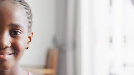 Video-half-face-portrait-of-happy-african-american-girl-with-braided-hair-smiling,-with-copy-space