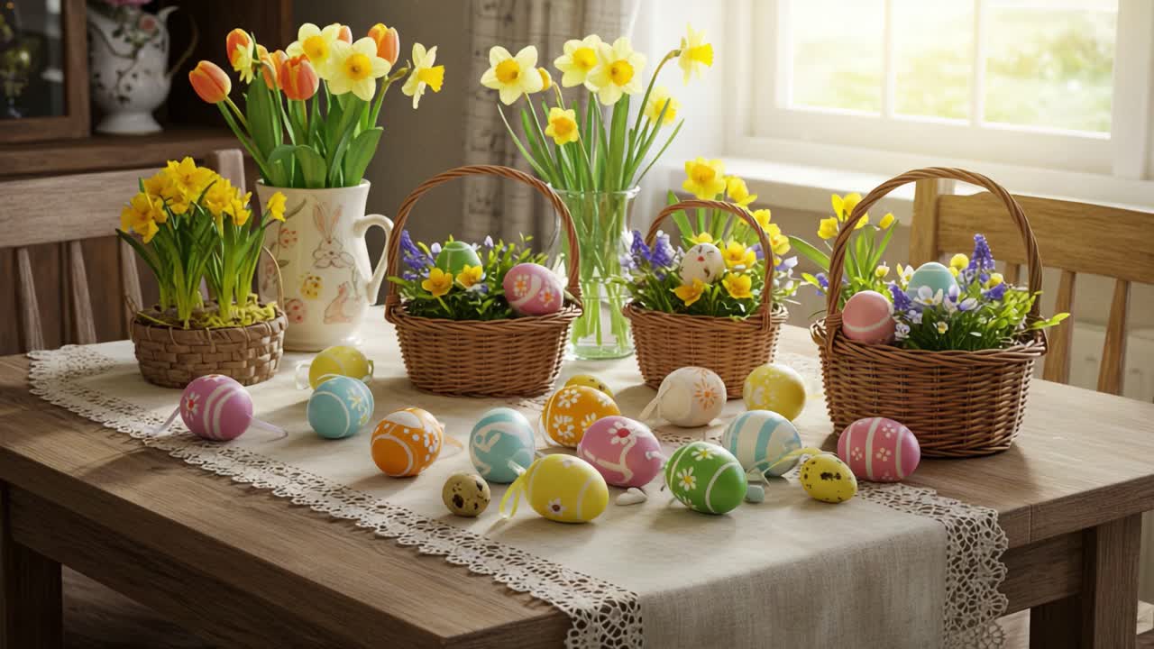 A Cheerful Spring Gathering: Beautifully Arranged Easter Baskets with Vibrant Eggs and Fresh Flowers on a Sunlit Table