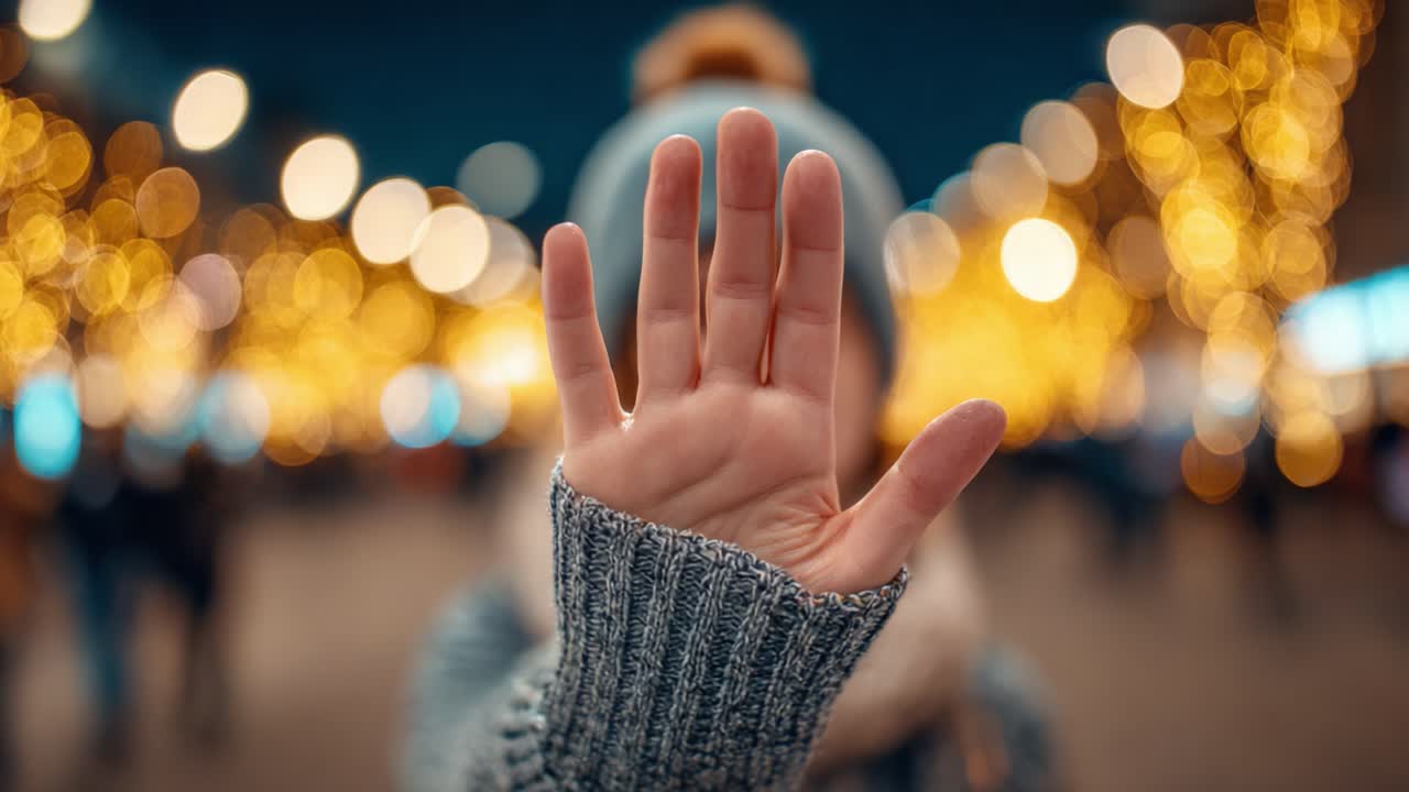 A Close-Up of a Hand Held Up Against a Festive Background, Interspersed with Beautiful Bokeh Lights Creating a Warm and Inviting Atmosphere