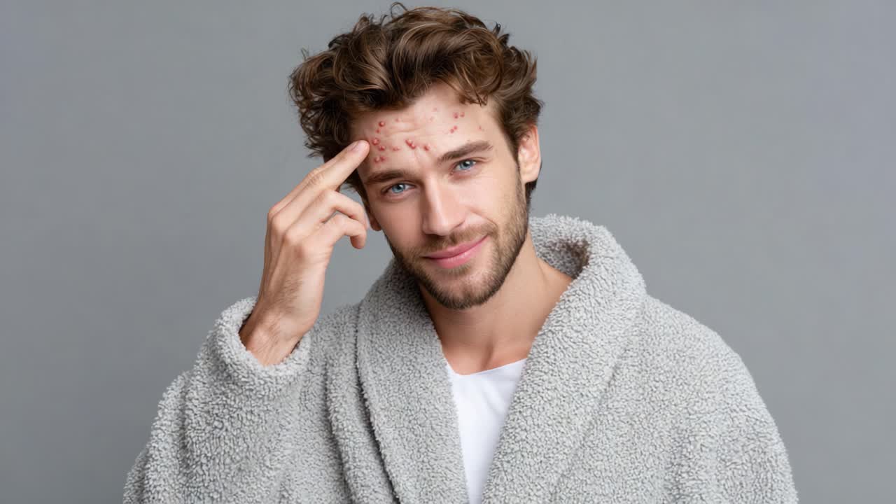 A Young Man in a Cozy Robe Expresses Confidence Despite Skin Imperfections, Showcasing a Positive Attitude Towards Personal Care and Acceptance