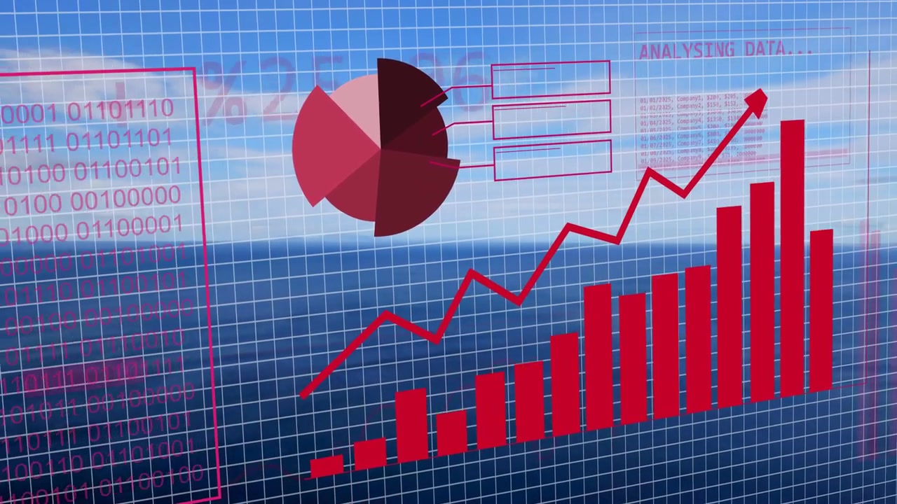 Grid overlay aligning with sea starting animation showing red globe scaling and analytics forming