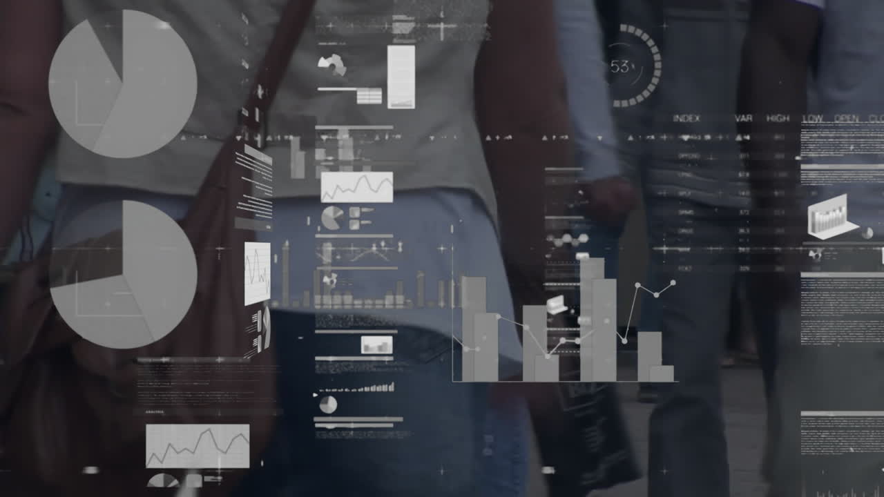 Animation of diagram, data processing, stock market and world map over people walking