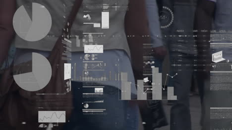animation of diagram, data processing, stock market and world map over people walking