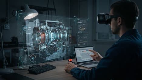 a technological vision: an individual interacting with a futuristic holographic display while utilizing virtual reality for advanced visualization and analysis of complex systems