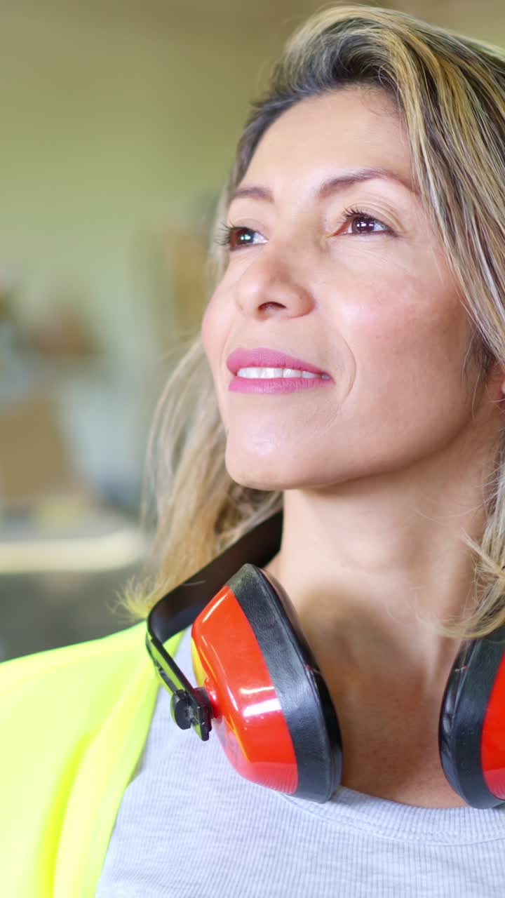 Smiling Female Worker with Safety Earmuffs Around Neck