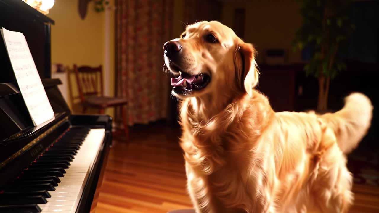 A Golden Retriever Curiously Observes a Piano Performance in a Warmly Lit Living Room, Showcasing the Bond Between Pets and Music in a Cozy Home Environment