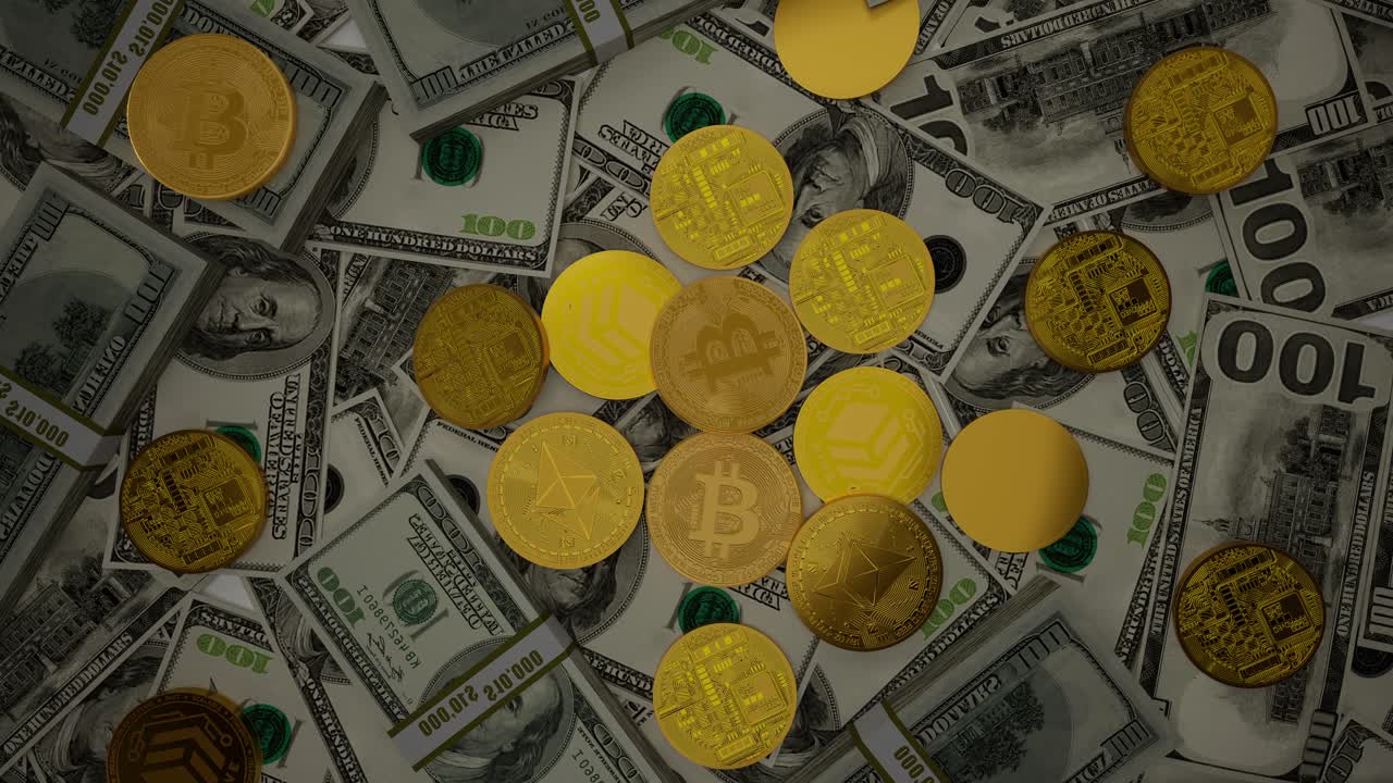 Bitcoin Btc Coin And Ethereum Eth Coins Are Rotating With 100 Dollars Bills. Digital Crypto Coin And Cryptocurrency. Concept Of Exchange Market And Online Trading