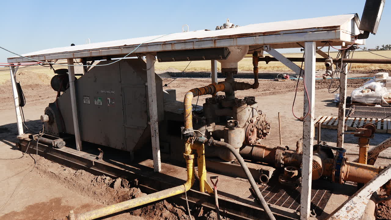 Drilling equipment for gas extraction in the field. Long metal pipe leads to the pool with dirty water.