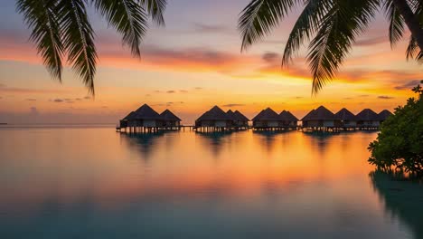 serene sunset overwater bungalows: a tranquil evening scene captured in vibrant colors reflecting on calm waters amidst tropical paradise