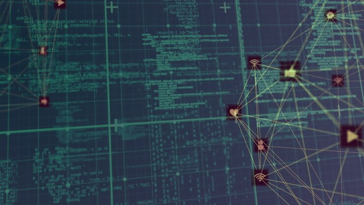 Animation of data processing over blue background