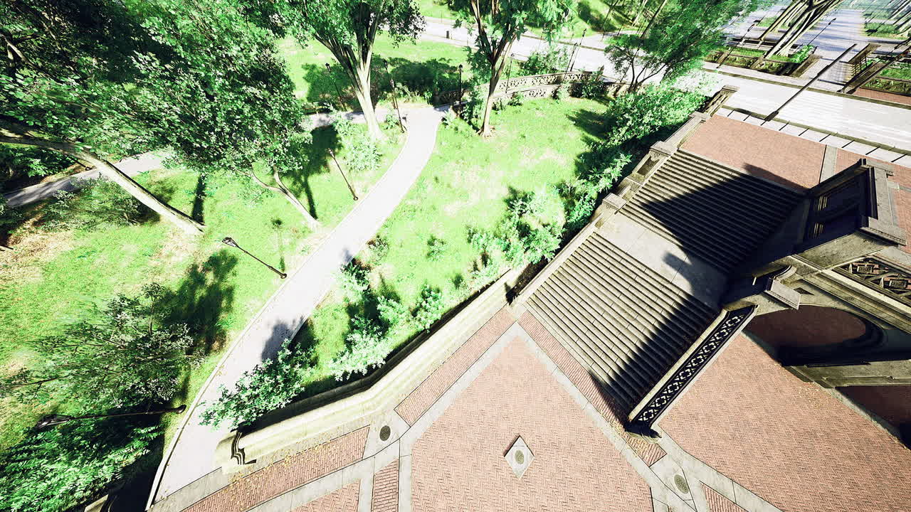 exuberante camino de parque verde que serpentea a través del paisaje urbano en un día soleado