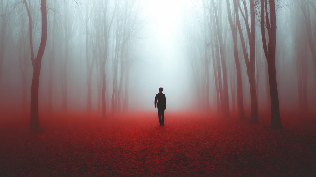 A solitary figure walks through a hazy forest filled with crimson foliage, as mist envelops the trees in an eerie, surreal atmosphere, creating an unsettling yet captivating scene