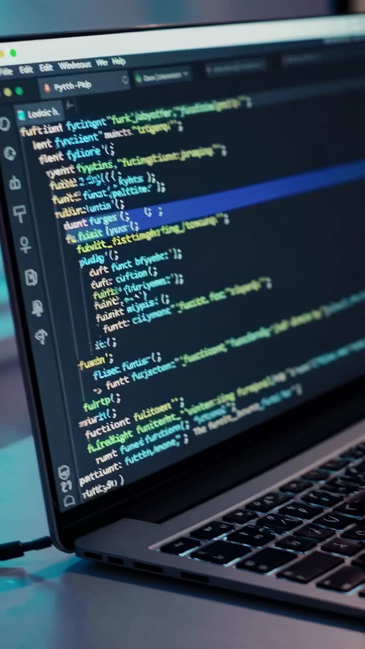 Close-up angle of a laptop screen displaying colorful code, conveying a tech-focused