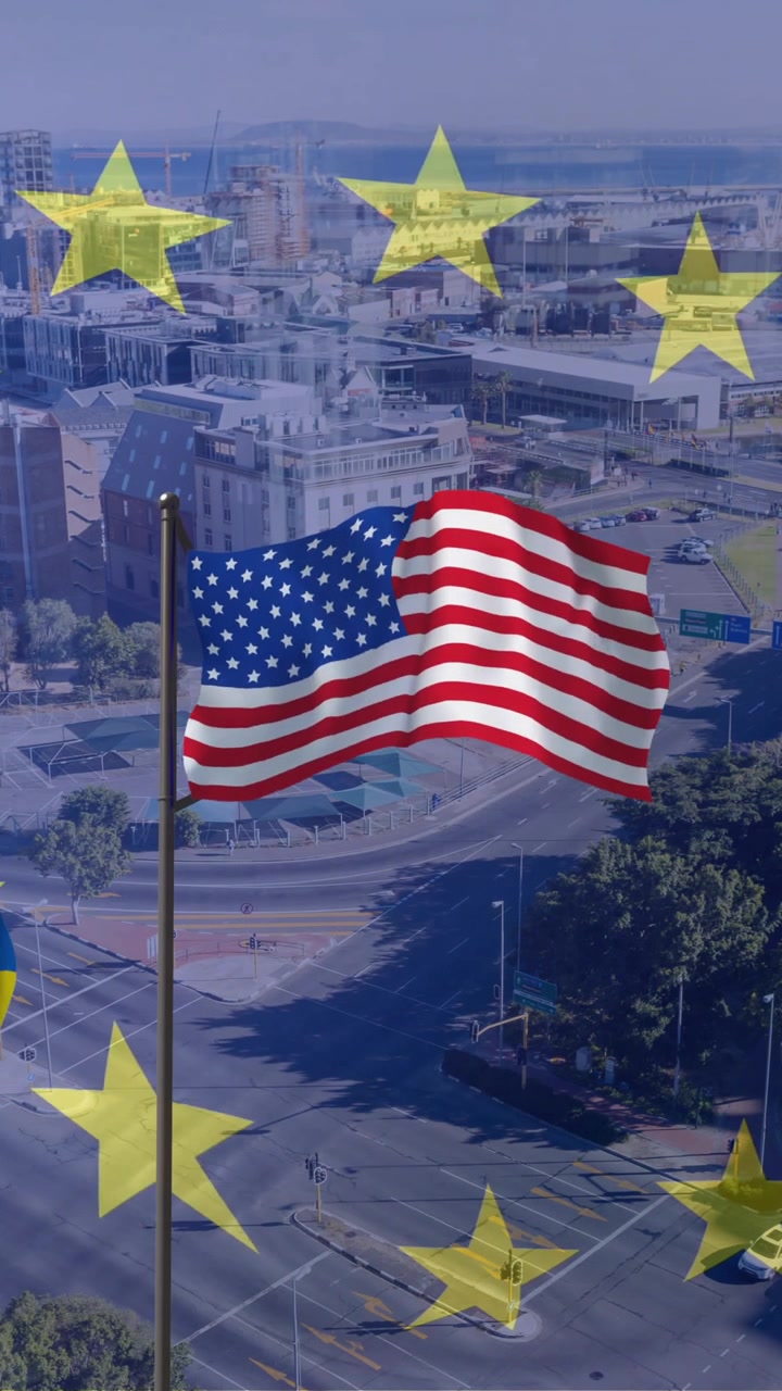 Animazione di bandiere di Ucraina, USA e Russia con stelle dell'UE su paesaggio urbano