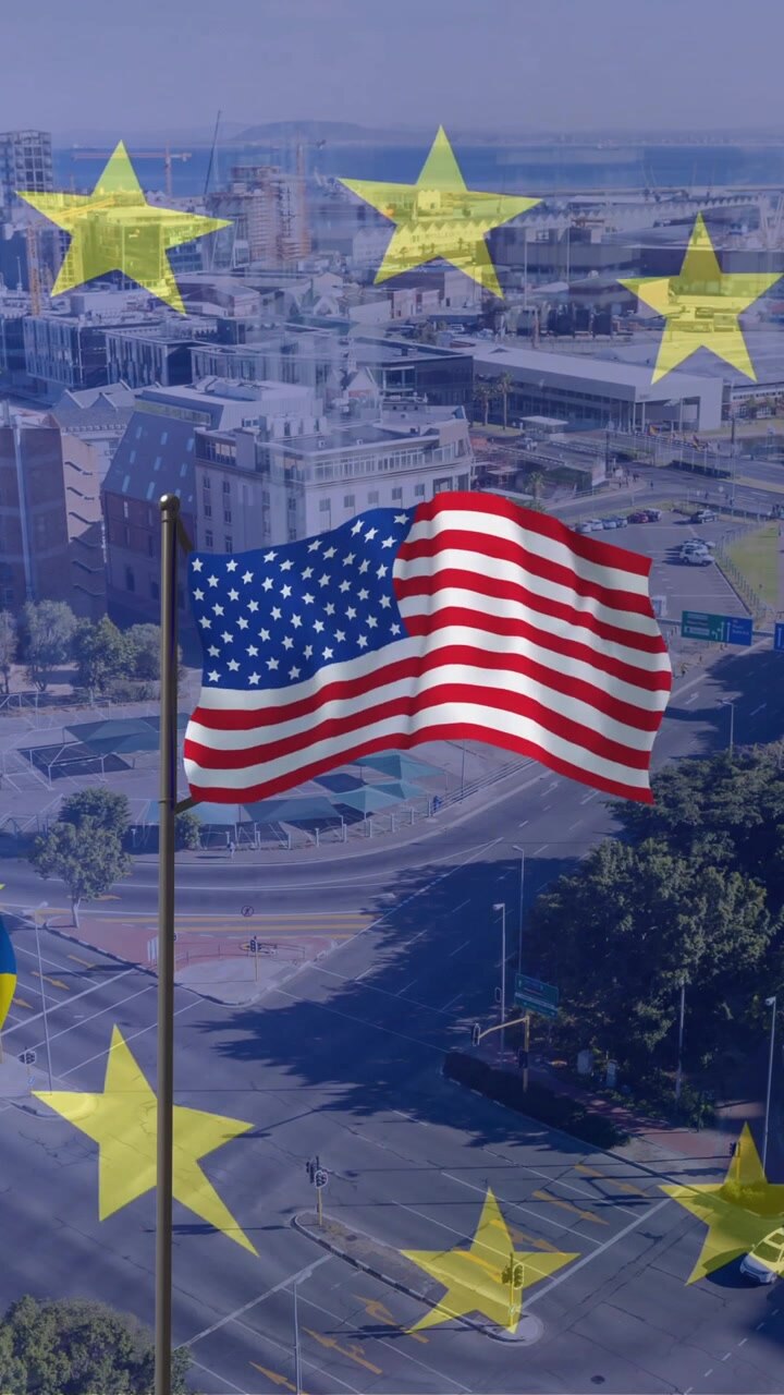 Animazione di bandiere di Ucraina, USA e Russia con stelle dell'UE su paesaggio urbano