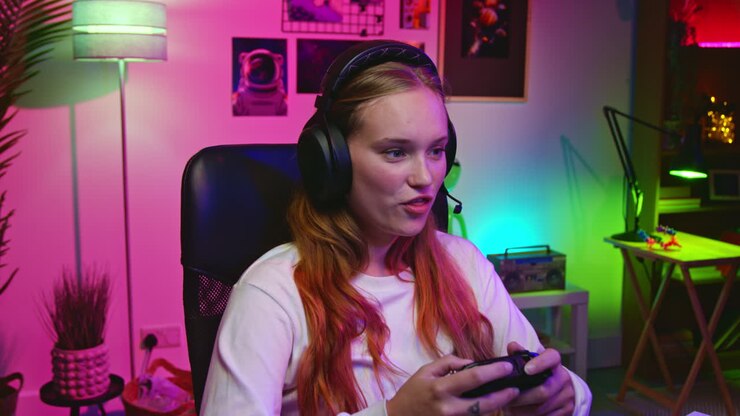 Ragazza gamer felice che gioca ai videogiochi