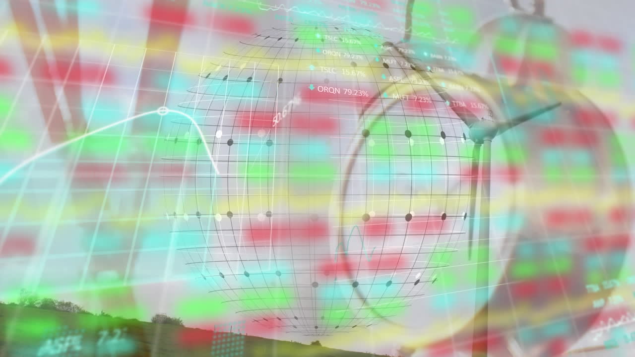 animación del globo, gráficos, tablero de negociación sobre despertador contra el molino de viento giratorio en tierra verde