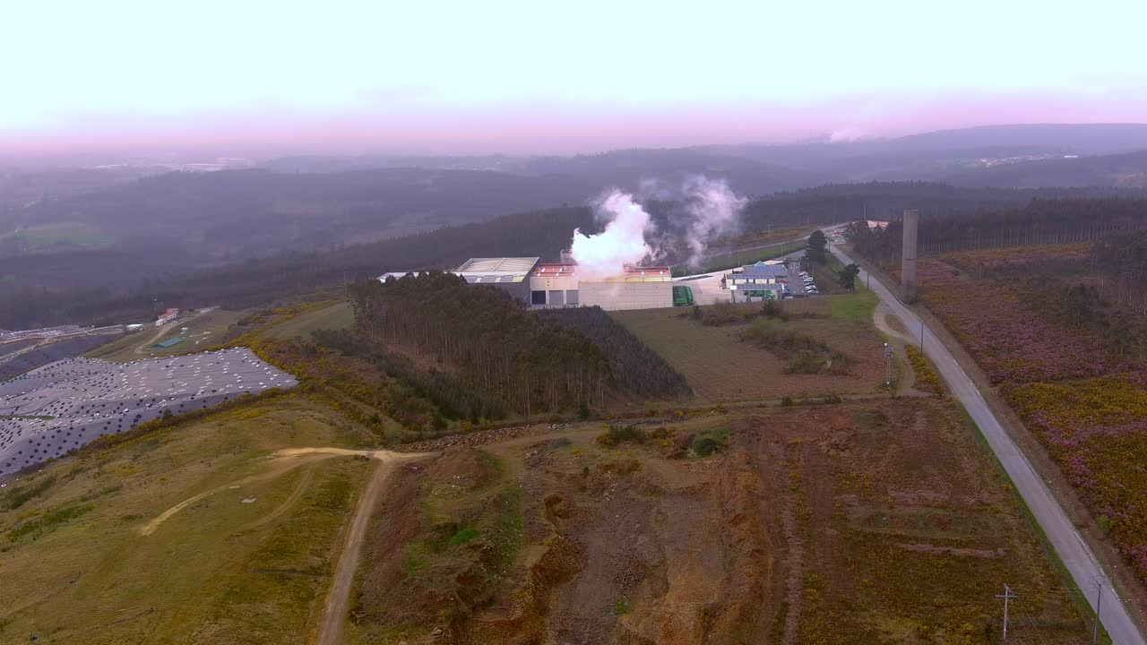 Aerial View Of Smoke Steam Rising From Sogama Waste Treatment Plant