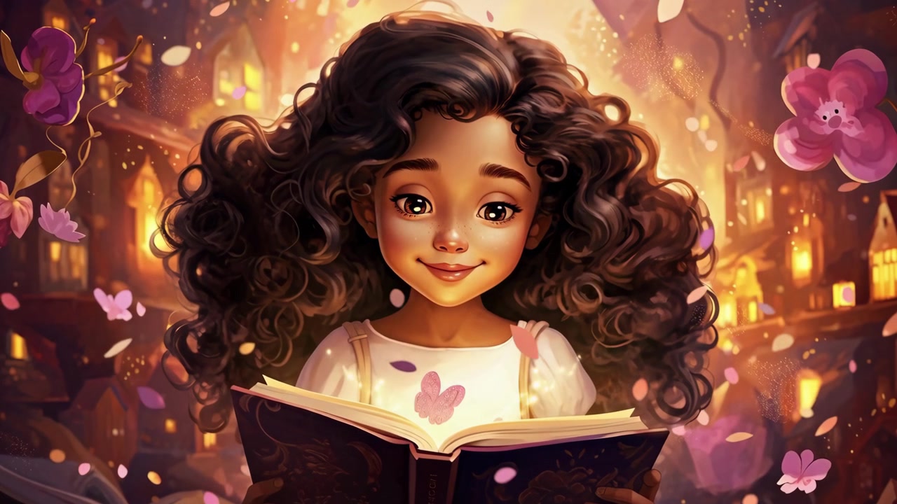 Jovem menina lendo um livro mágico em um cenário encantador