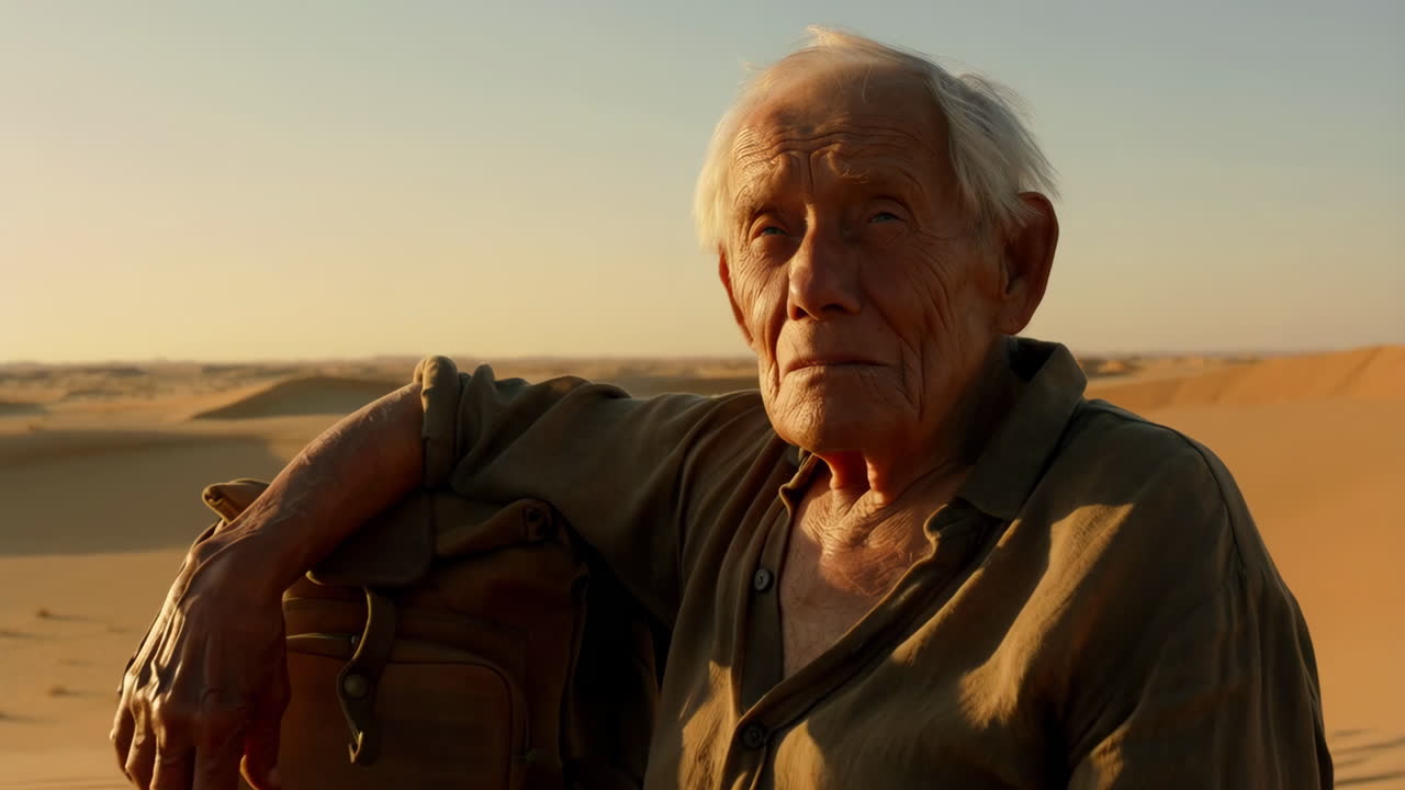An elderly man resting and contemplating in the vast desert