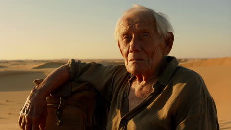 an elderly man resting and contemplating in the vast desert
