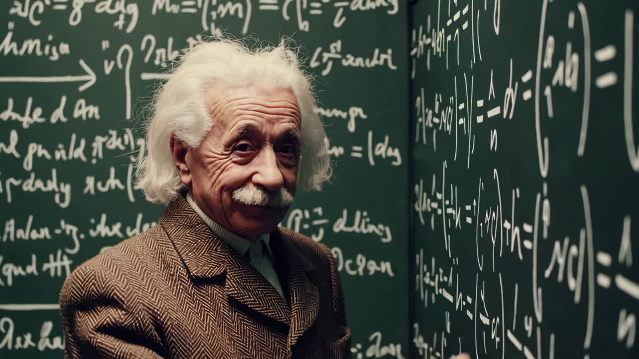 Albert Einstein in front of a blackboard