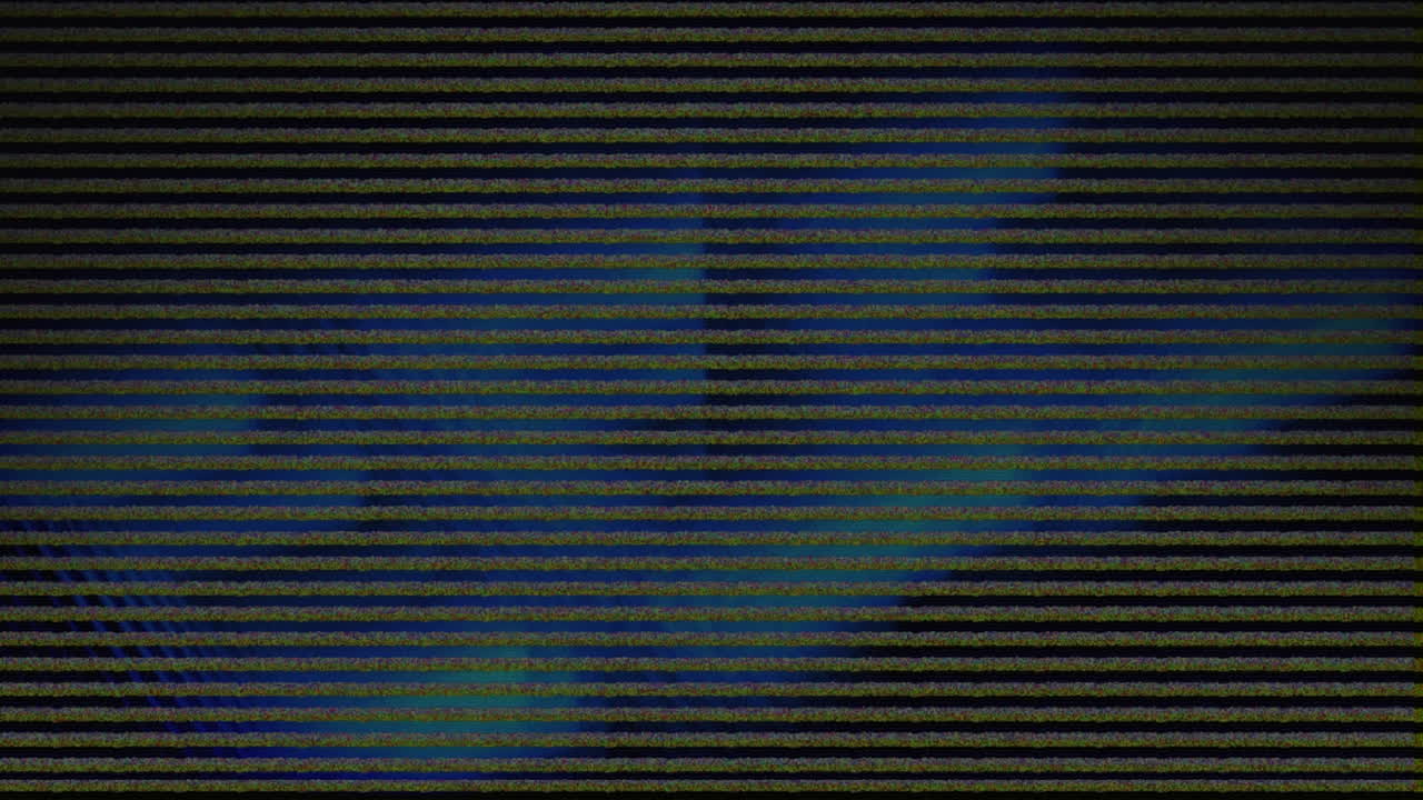 Animation of lines of grey interference over glowing blue lights on black background