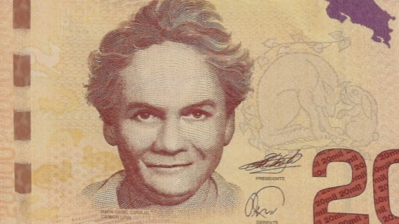 Close-up of Costa Rican 20000 Colones Banknotes with Green Screen and Portrait of Carmen Lyra
