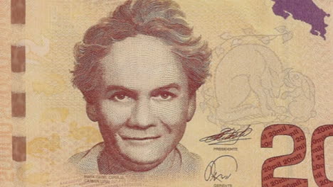 close-up of costa rican 20000 colones banknotes with green screen and portrait of carmen lyra