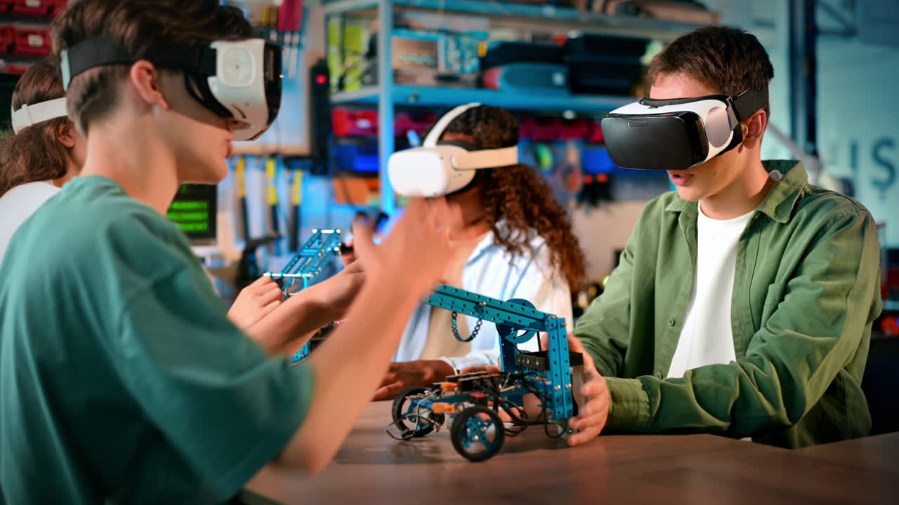 Group of young people in VR glasses doing experiments in robotics in a laboratory. Robots on the table