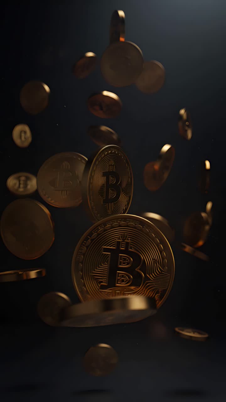 Animazione rotante di Bitcoin dorato su sfondo scuro, criptovaluta cinematografica 4K.