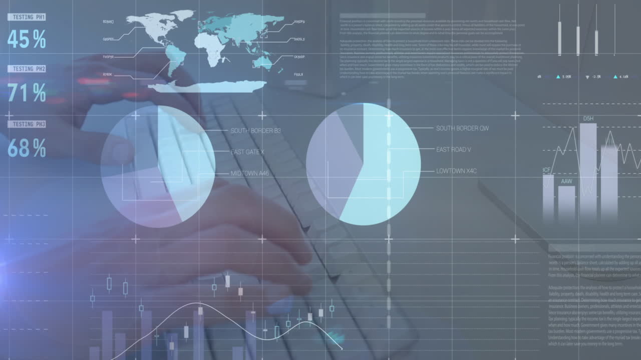 Animation of statistical data processing against mid section of man typing on keyboard at office
