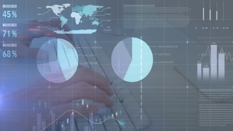 animation of statistical data processing against mid section of man typing on keyboard at office