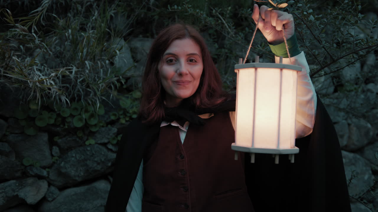 sonrisa de una mujer bonita medieval por la noche en el bosque encantado