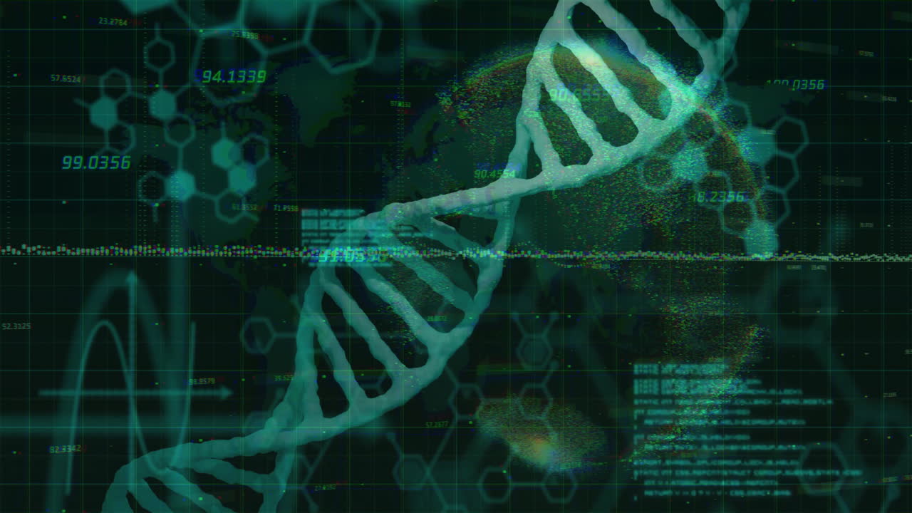 Animation of dna strand over data processing and globe
