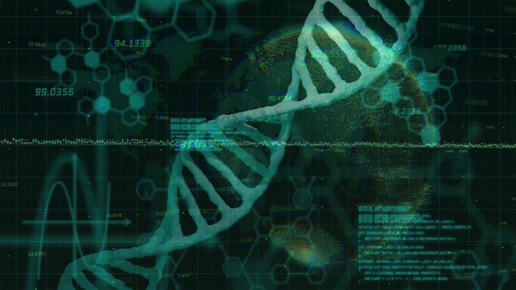 Animation of dna strand over data processing and globe
