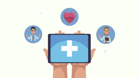 hands lifting tablet and icons around