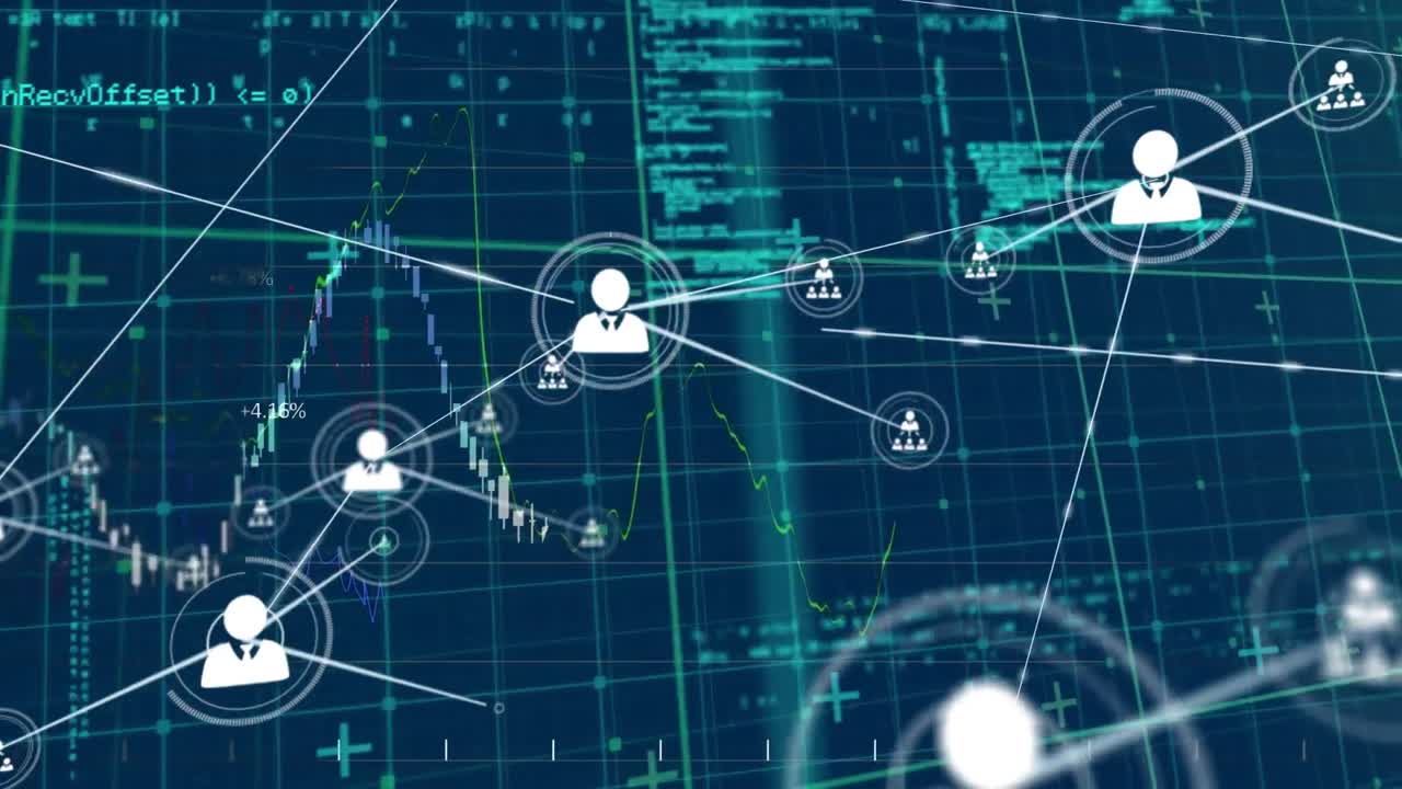 Animation of network of connections with icons over data processing on blue background