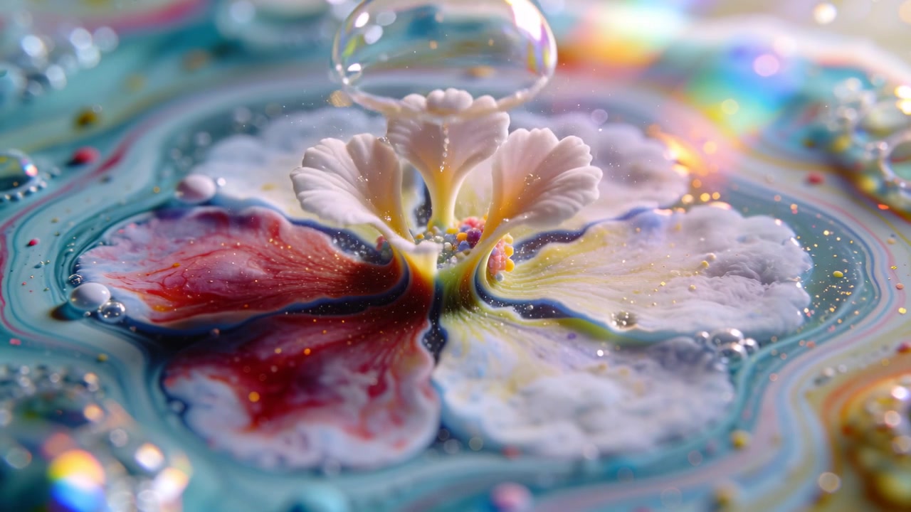 Bolla trasparente che sale e fiore di schiuma bianca su un vassoio, con il liquido sottostante che spinge verso l'alto e perline che si raggruppano.