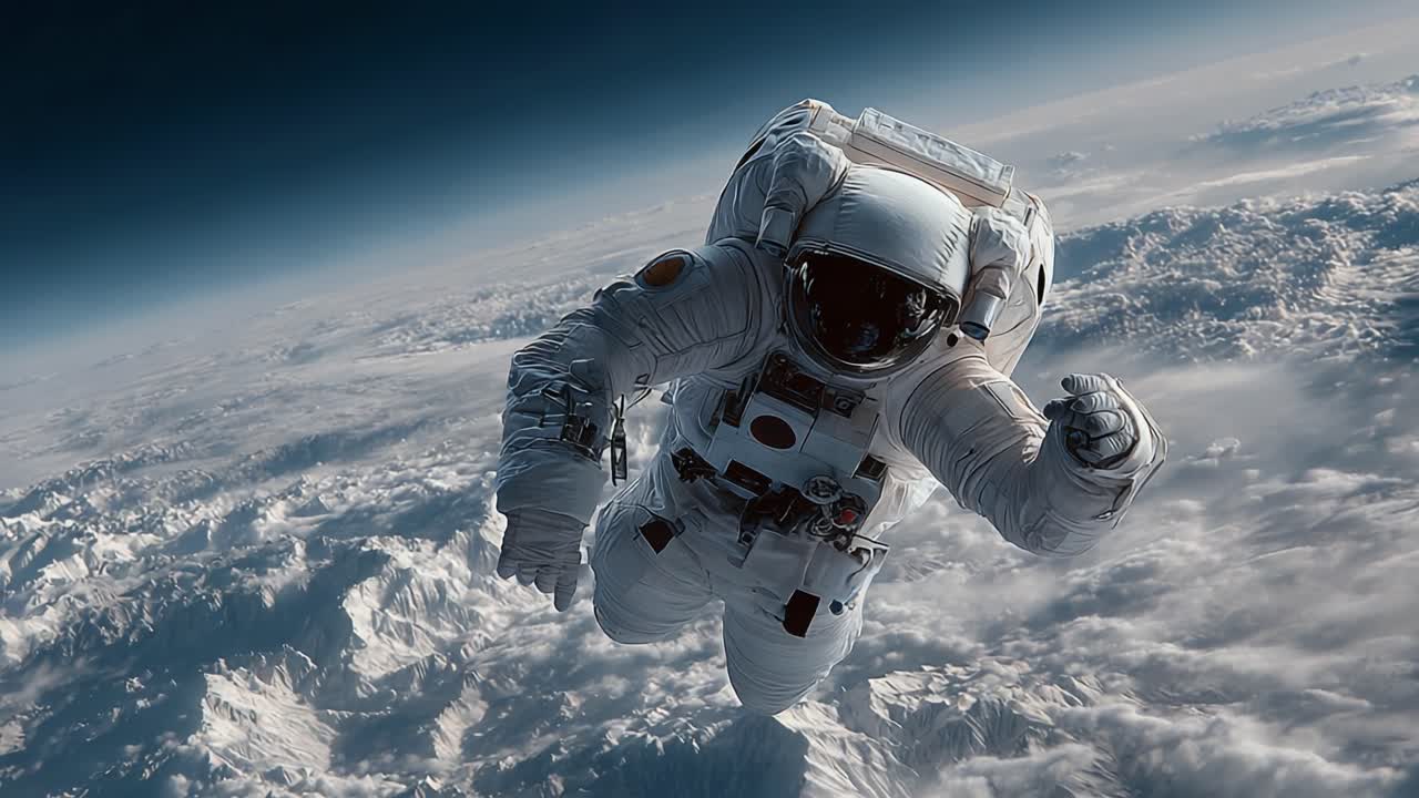 An astronaut floats gracefully in the vastness of space, captured in stunning clarity against a backdrop of majestic mountains and wispy clouds, embodying the spirit of exploration