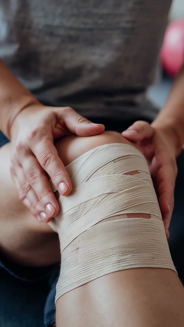 Vídeo vertical: mulher sentindo dor no joelho, vestindo blusa de gola V cinza e massageando o curativo no joelho direito em casa