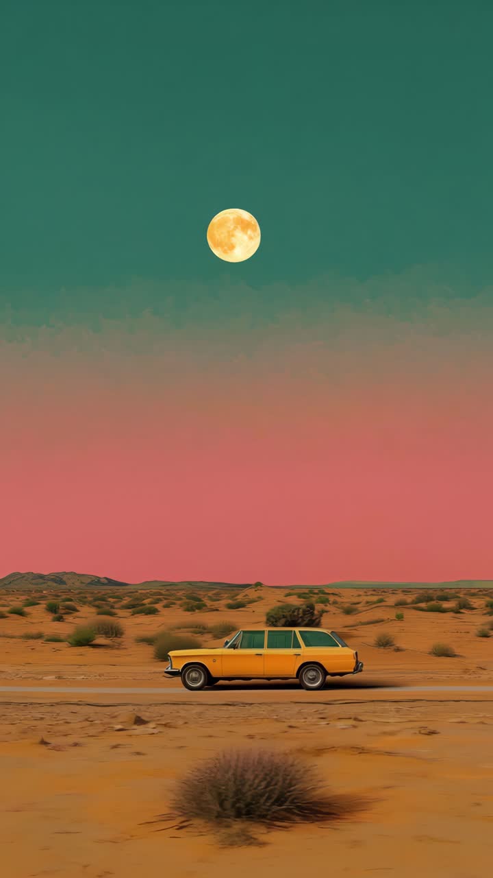 Surreal desert scene with a vintage car under a full moon