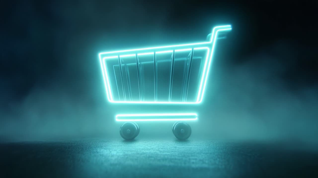 Un carrello della spesa futuristico al neon si illumina intensamente su uno sfondo misterioso, simboleggiando il commercio moderno e le esperienze di acquisto digitali