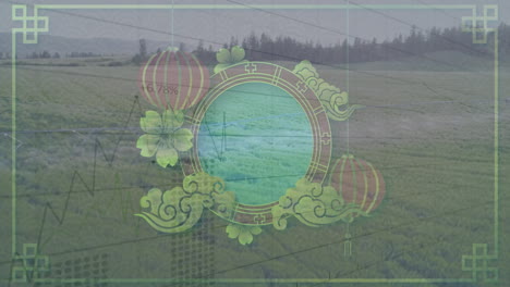 ornate circular overlay floating over fields showcasing lanterns, floral swirls and digital graphs
