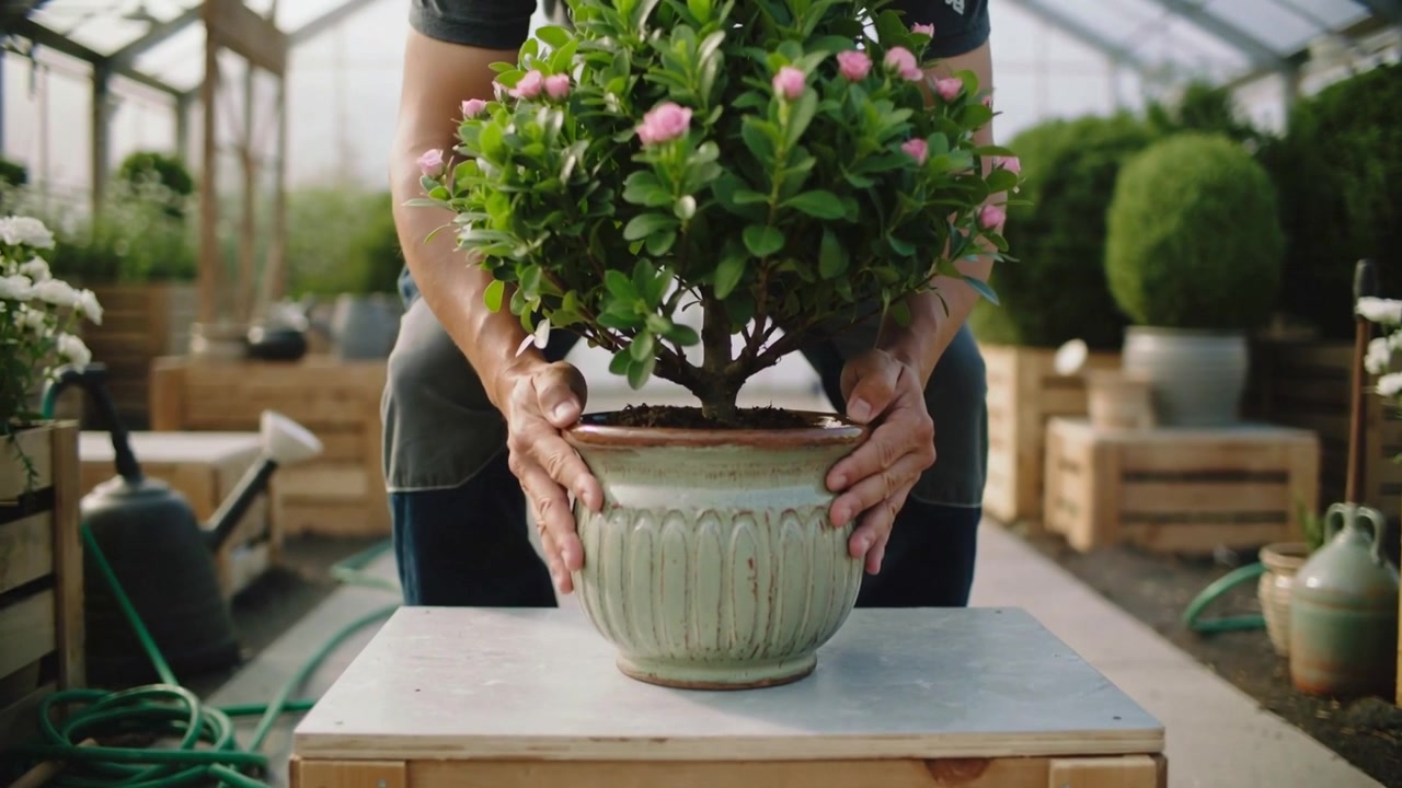 Gående gartner i mørk skjorte sænker en keramisk potte med blomster ned på et stativ til udstilling i en planteskole.
