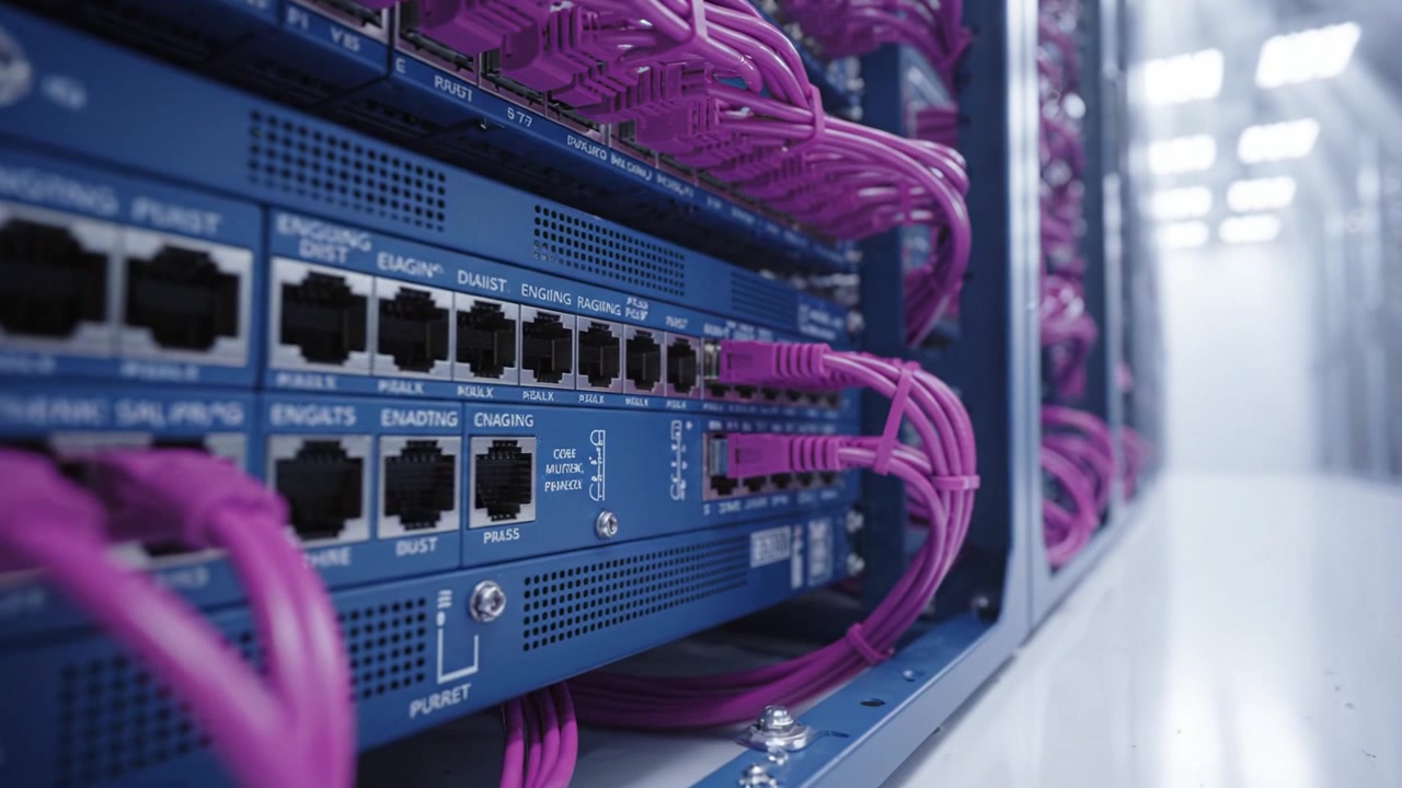 High-tech Data Center Featuring Colorful Network Cables and Modern Servers in a Bright, Well-lit Environment with a Sleek, Clean Design and Advanced Technology